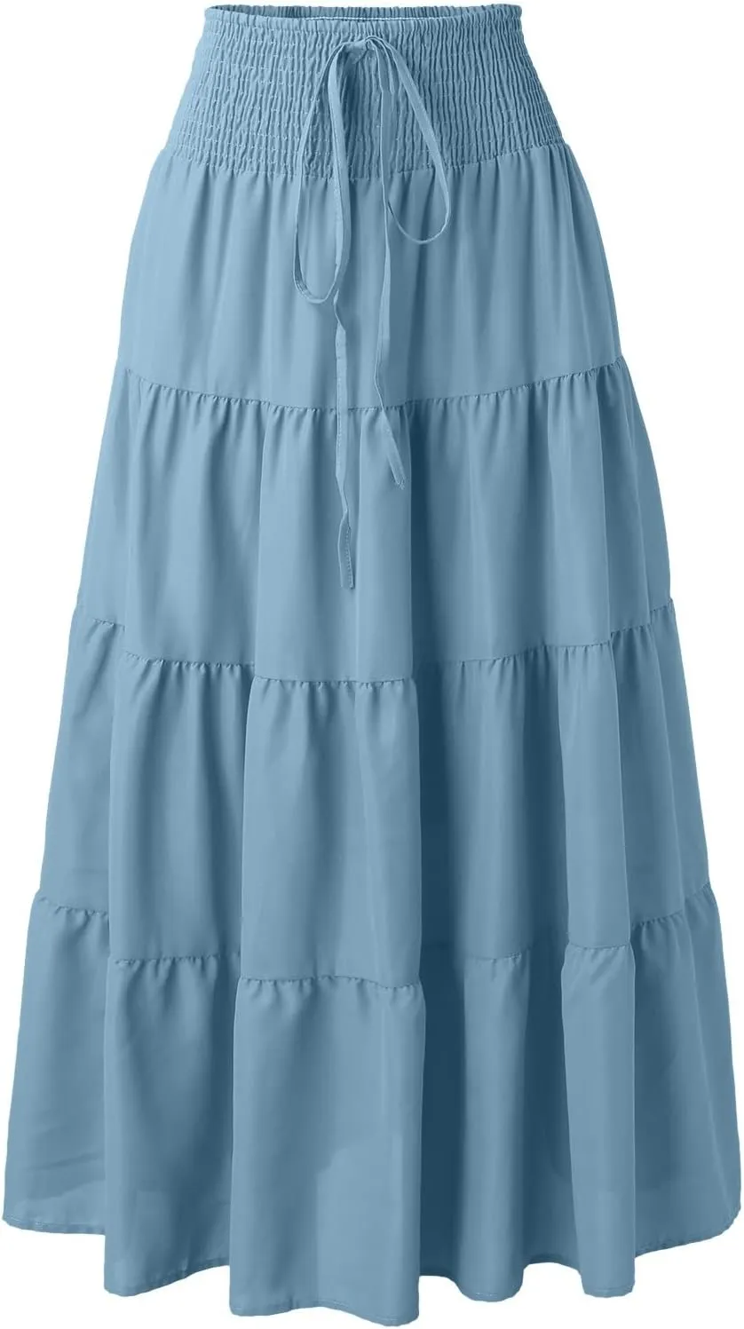 Womens Floral Boho Maxi Skirt Elastic High Waist Tiered Pleated Flowy Long Summer Casual Beach Skirt