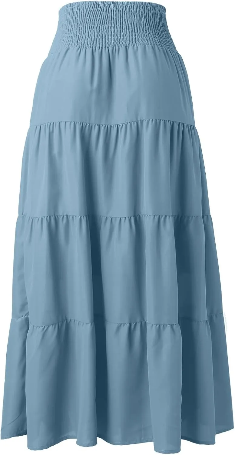 Womens Floral Boho Maxi Skirt Elastic High Waist Tiered Pleated Flowy Long Summer Casual Beach Skirt