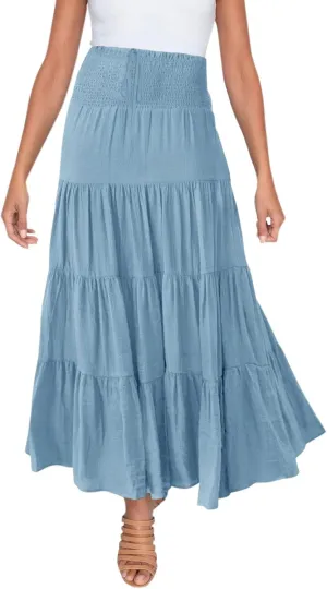 Womens Floral Boho Maxi Skirt Elastic High Waist Tiered Pleated Flowy Long Summer Casual Beach Skirt