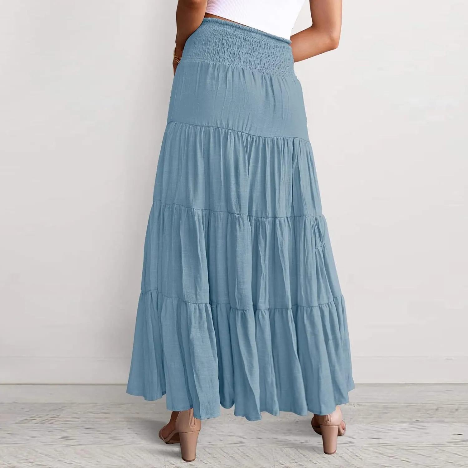 Womens Floral Boho Maxi Skirt Elastic High Waist Tiered Pleated Flowy Long Summer Casual Beach Skirt