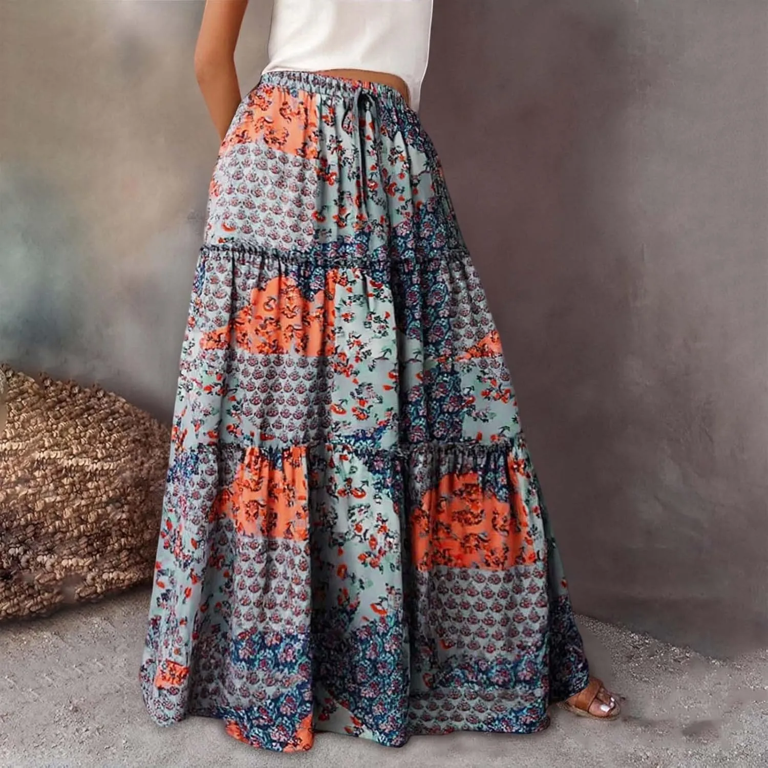 Womens Floral Print Boho Maxi Skirt Elastic High Waist Pleated Ruffle Flowy Long Skirts Summer A Line Casual Skorts