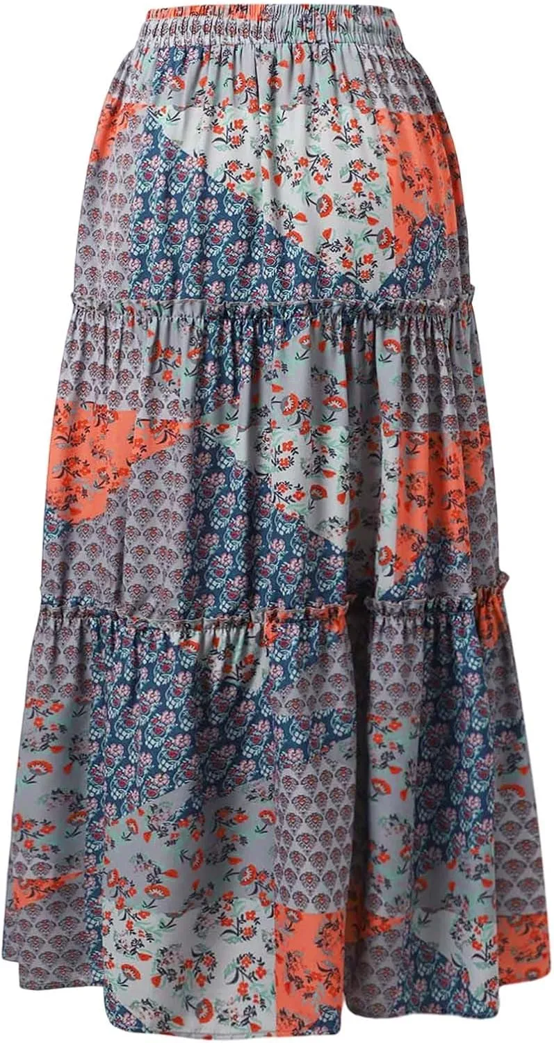 Womens Floral Print Boho Maxi Skirt Elastic High Waist Pleated Ruffle Flowy Long Skirts Summer A Line Casual Skorts