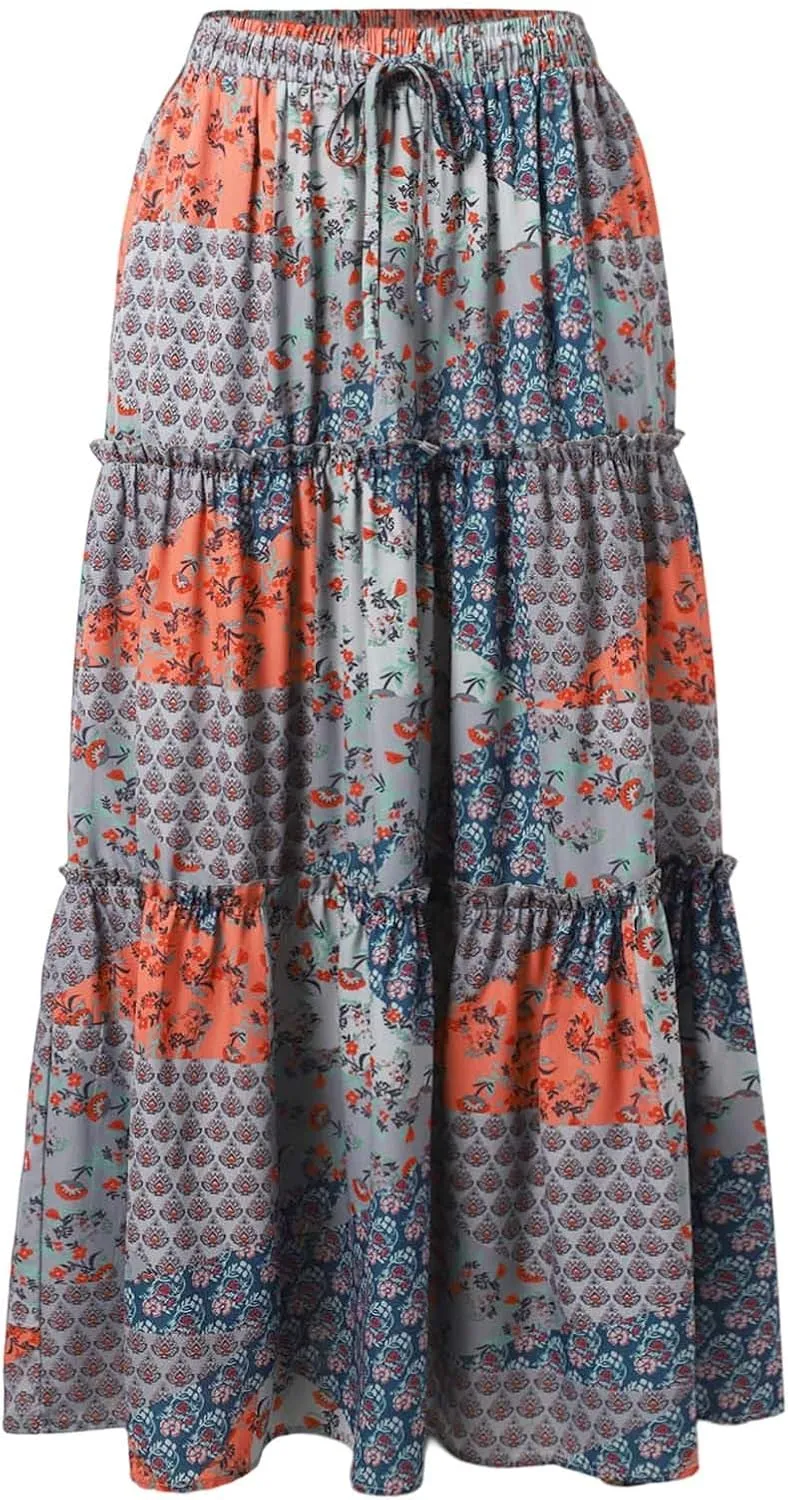 Womens Floral Print Boho Maxi Skirt Elastic High Waist Pleated Ruffle Flowy Long Skirts Summer A Line Casual Skorts