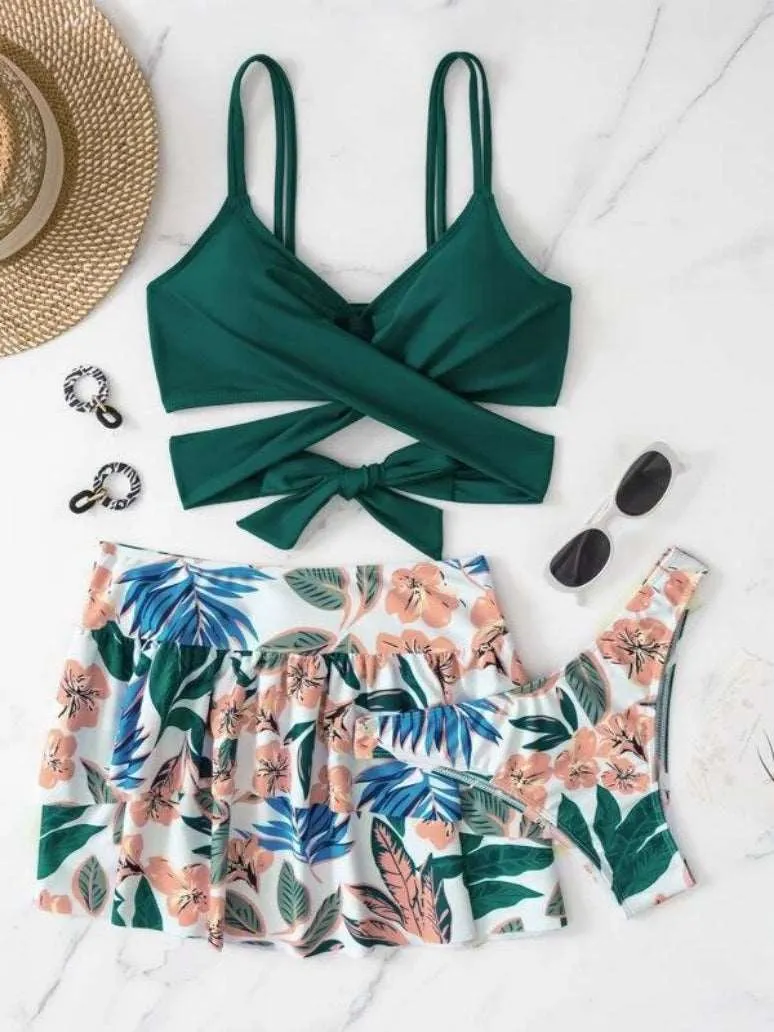 Women's Floral Print High Waist Swimming Pants, Swimming Skirt and Backless Top Three-piece Set