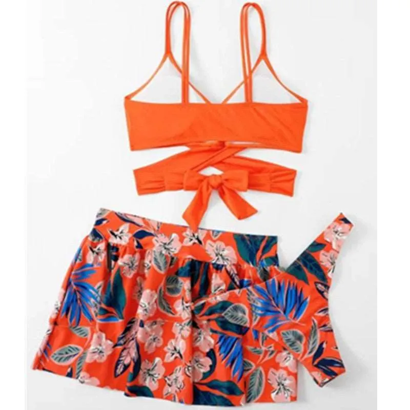 Women's Floral Print High Waist Swimming Pants, Swimming Skirt and Backless Top Three-piece Set