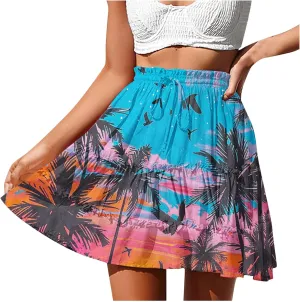 Womens Floral Ruffle Mini Skirts 2025 Summer Skater Short Skirt Elastic Waist Boho Pleated Skirts Trendy Half Dress