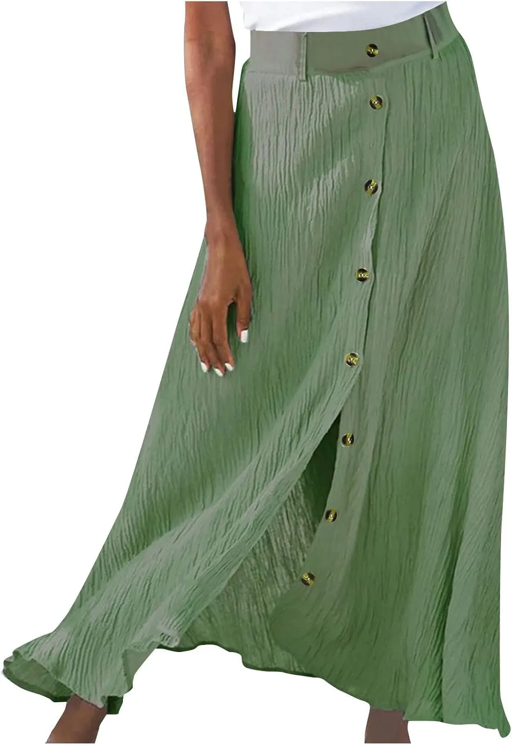 Women's Flowy Button Up Midi Skirts High Waisted Elastic Skirt Casual Split Front Dress Vintage Flared Skirts