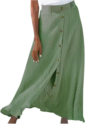 Women's Flowy Button Up Midi Skirts High Waisted Elastic Skirt Casual Split Front Dress Vintage Flared Skirts