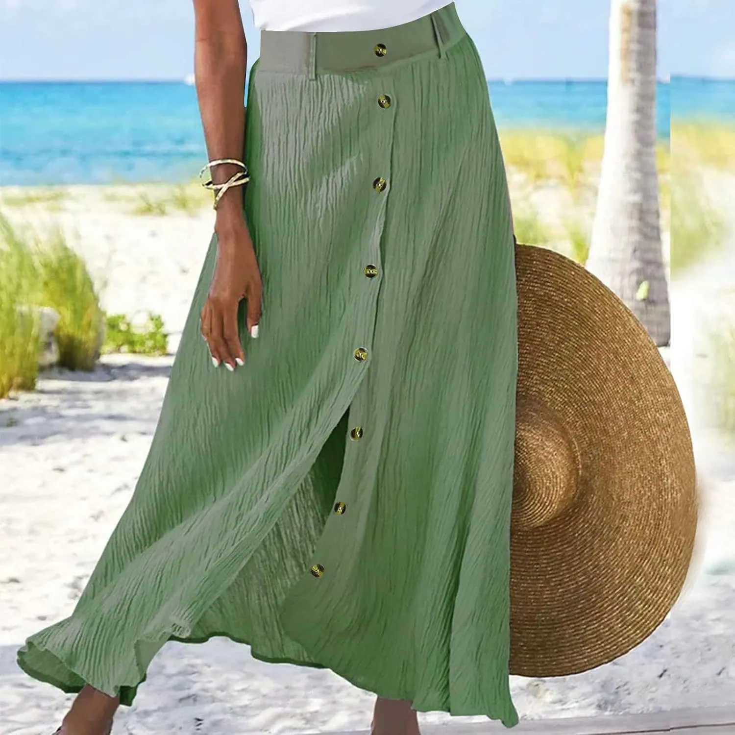 Women's Flowy Button Up Midi Skirts High Waisted Elastic Skirt Casual Split Front Dress Vintage Flared Skirts