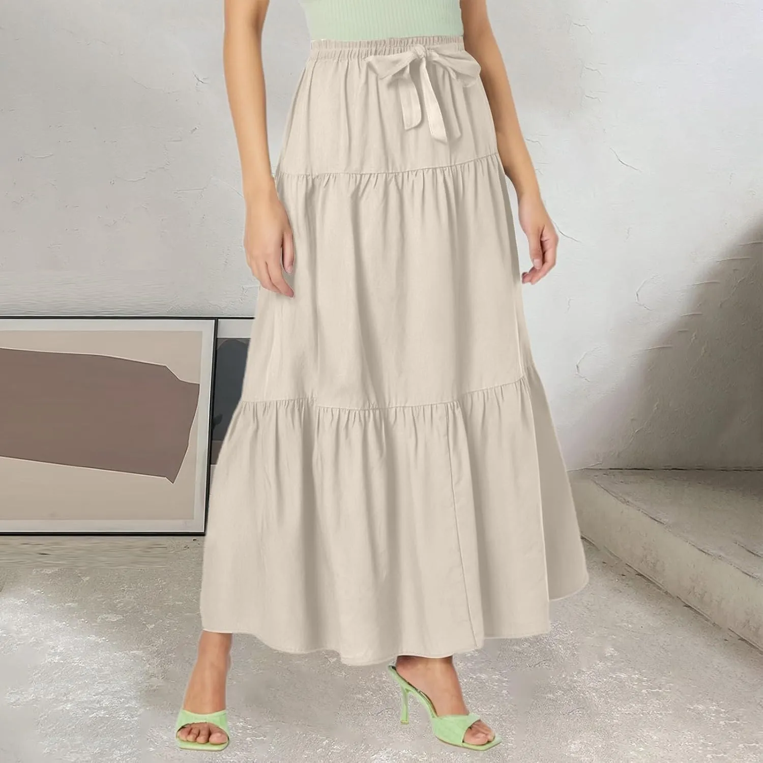 Women's Flowy Flared Ruffle Boho Long Skirt Casual a-line Bow tie Loose Trendy Summer Maxi Skirt for Women Vacation