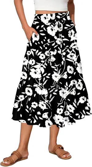 Women's Flowy Midi Skirt Pleated High Stretch Waisted Casual Boho Long Skirts with Pockets, S-2XL