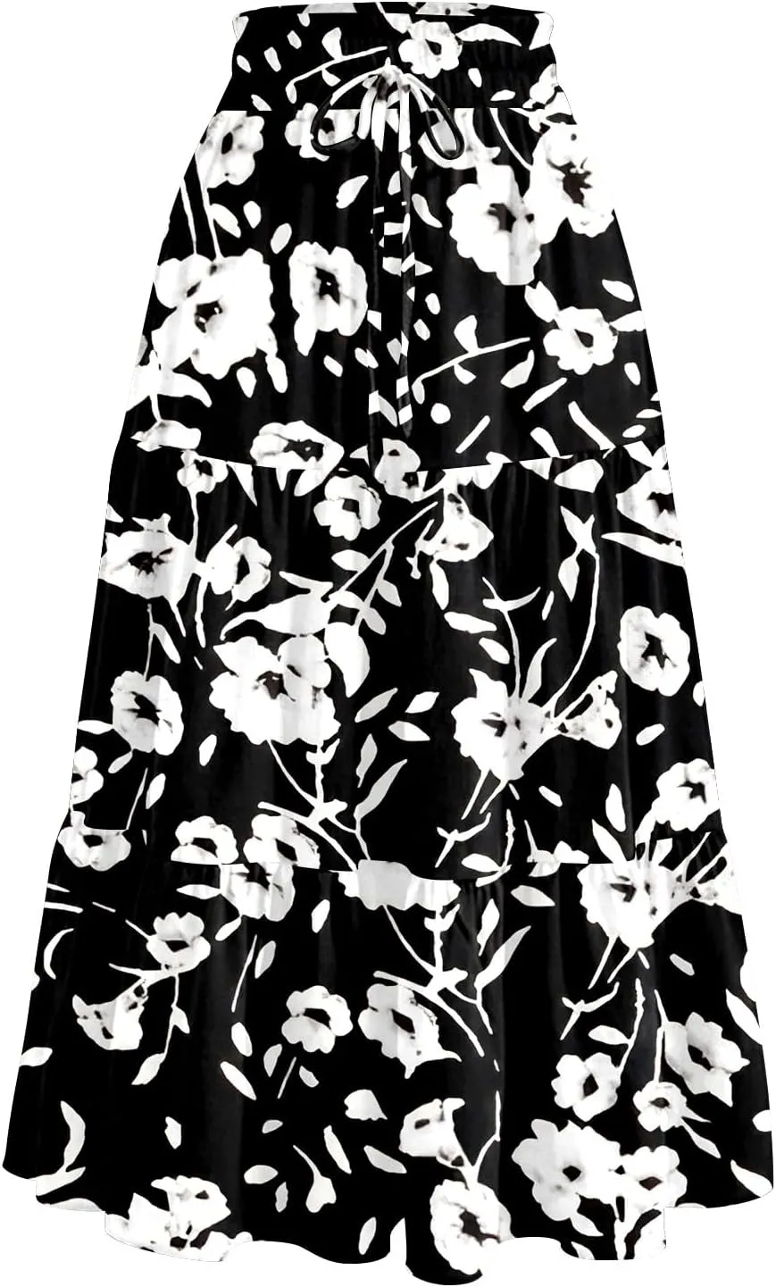 Women's Flowy Midi Skirt Pleated High Stretch Waisted Casual Boho Long Skirts with Pockets, S-2XL