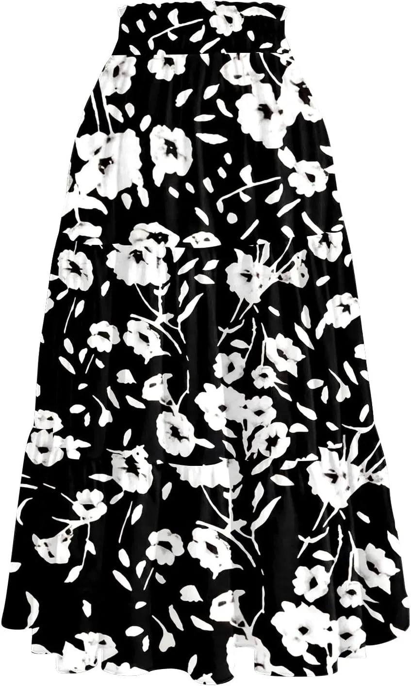 Women's Flowy Midi Skirt Pleated High Stretch Waisted Casual Boho Long Skirts with Pockets, S-2XL