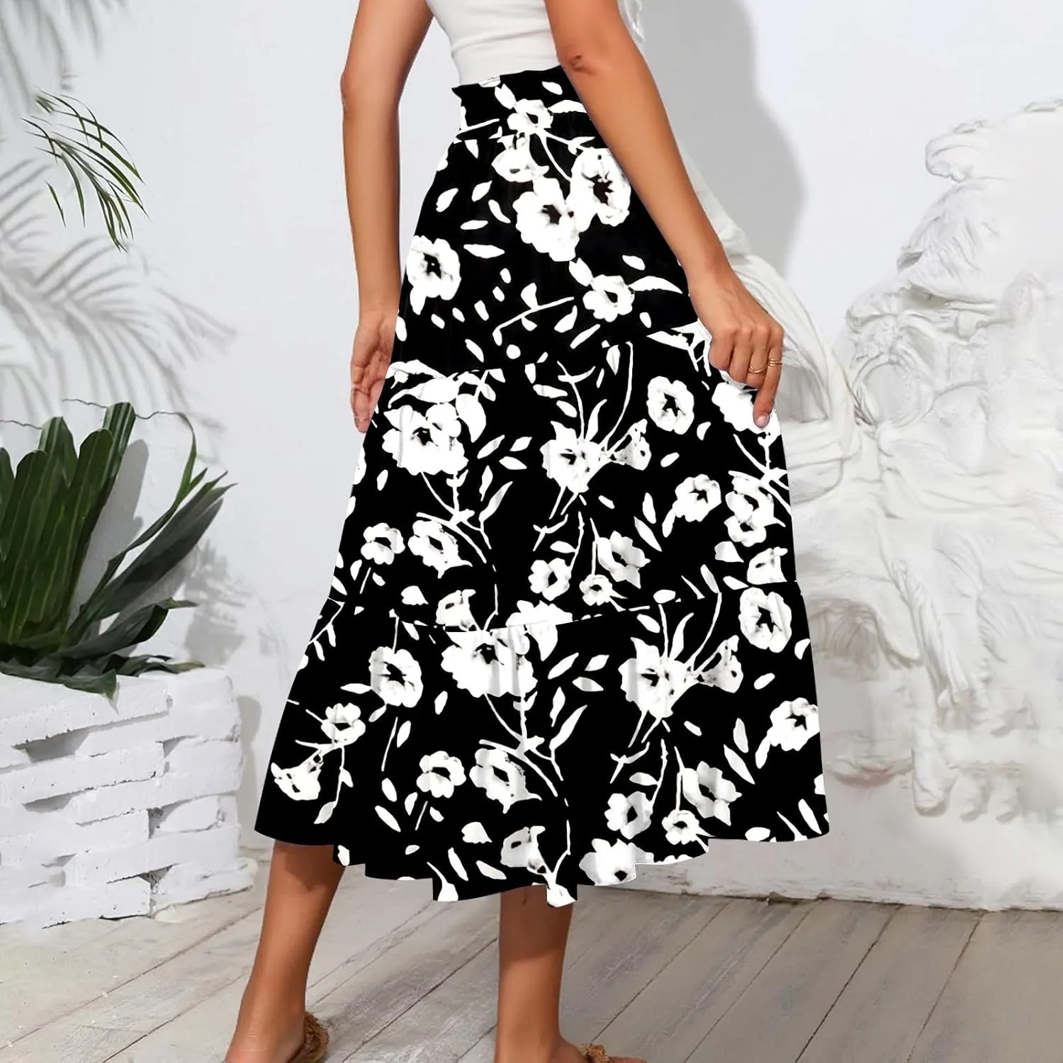 Women's Flowy Midi Skirt Pleated High Stretch Waisted Casual Boho Long Skirts with Pockets, S-2XL