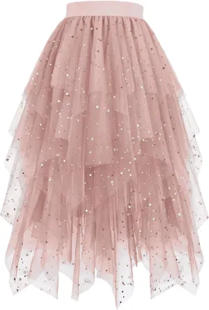 Womens Flowy Skirts Sequin Midi Skirts Elastic Waist Dance Skirts Sparkly A Line Tulle Skirt Mesh Layered Fairy Skirt