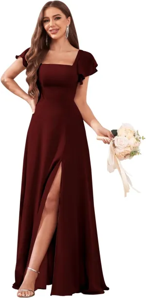Women's Flutter Short Sleeve Bridesmaid Dresses for Wedding Square Neck A-line Chiffon Long Formal Party Dress with Slit