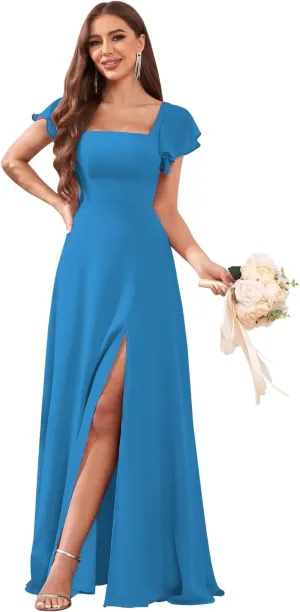 Women's Flutter Short Sleeve Bridesmaid Dresses for Wedding Square Neck A-line Chiffon Long Formal Party Dress with Slit