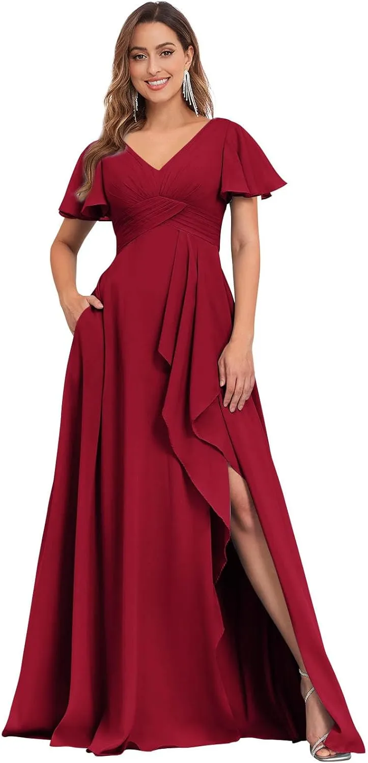 Women's Flutter Sleeve Bridesmaid Dresses V Neck Chiffon Pleated Long Formal Evening Dress with Slit Pockets