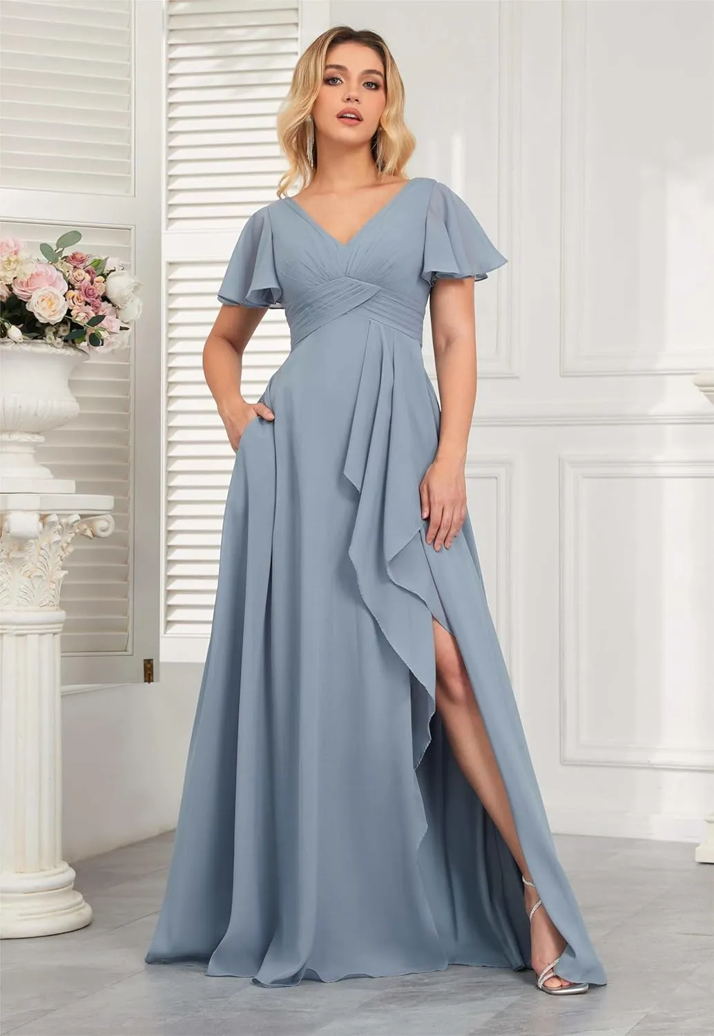 Women's Flutter Sleeve Bridesmaid Dresses V Neck Chiffon Pleated Long Formal Evening Dress with Slit Pockets