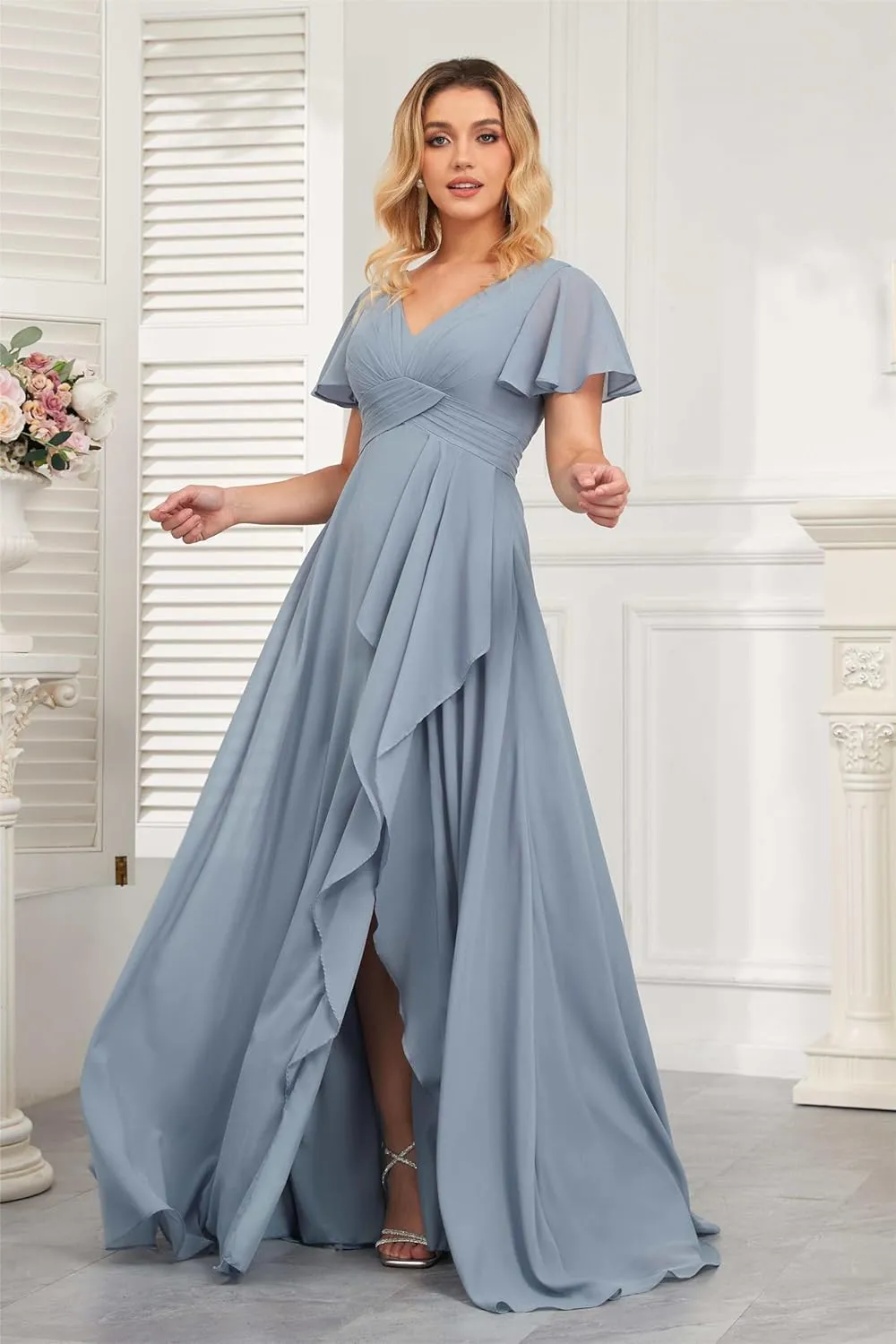 Women's Flutter Sleeve Bridesmaid Dresses V Neck Chiffon Pleated Long Formal Evening Dress with Slit Pockets