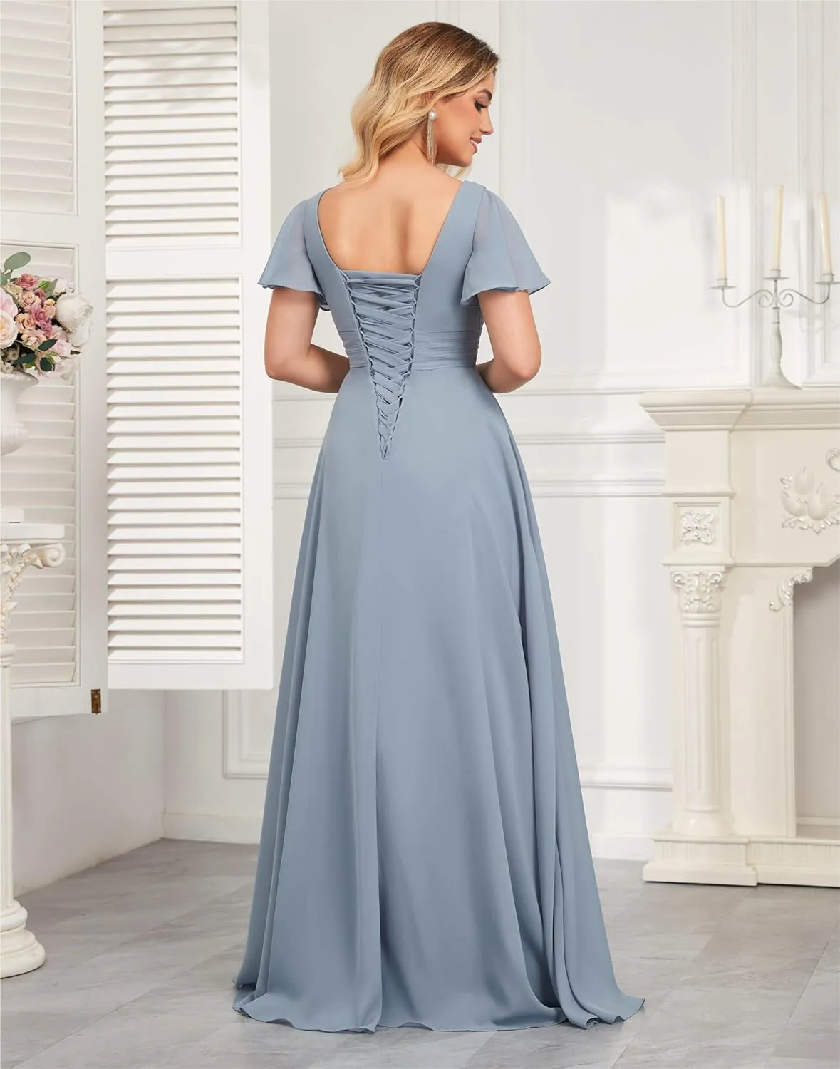 Women's Flutter Sleeve Bridesmaid Dresses V Neck Chiffon Pleated Long Formal Evening Dress with Slit Pockets