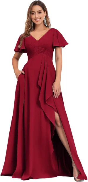 Women's Flutter Sleeve Bridesmaid Dresses V Neck Chiffon Pleated Long Formal Evening Dress with Slit Pockets