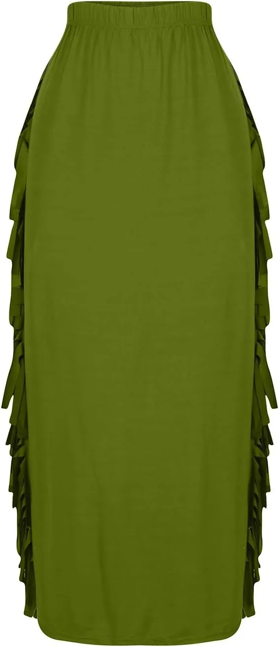 Women's Fringe Maxi Skirts Side Tassels Slim Bodycon Skirts Plus Size Elastic High Waist Long Pencil Skirts
