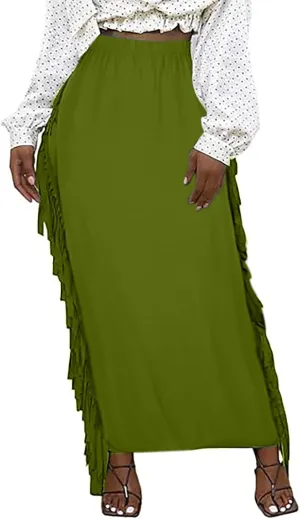 Women's Fringe Maxi Skirts Side Tassels Slim Bodycon Skirts Plus Size Elastic High Waist Long Pencil Skirts