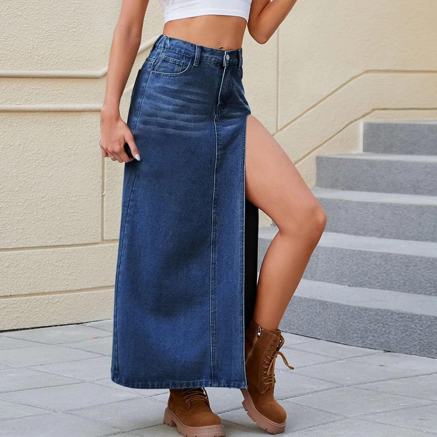 Women's High Waist Denim Skirt Sexy Split Thigh Jean Skirt Slim Fit Maxi Long Pencil Skirt Casual Bodycon Wrap Skirt