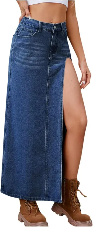 Women's High Waist Denim Skirt Sexy Split Thigh Jean Skirt Slim Fit Maxi Long Pencil Skirt Casual Bodycon Wrap Skirt