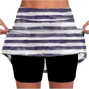 Women's High Waisted Tennis Skirts Striped Color Block Athletic Golf Skorts with Built in Shorts Workout Skirt