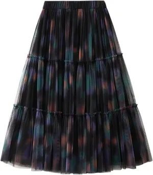 Womens Irregular Tulle Midi Skirts High Waisted Elastic Waisted Pleated Layered Fluffy Skirts Comfy Mesh Fairy Skirts