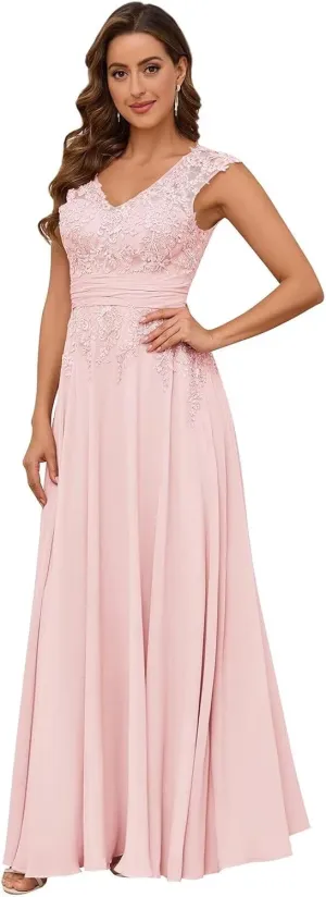 Women's Lace Applique V-Neck Mother of The Bride Dresses for Wedding Sleeveless Chiffon Maxi Evening Dresses