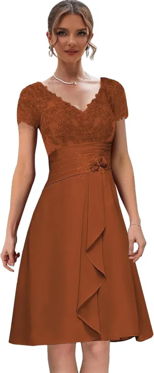 Women's Lace Mother of The Bride Dresses for Wedding V Neck Short Formal Party Dress with Sleeves
