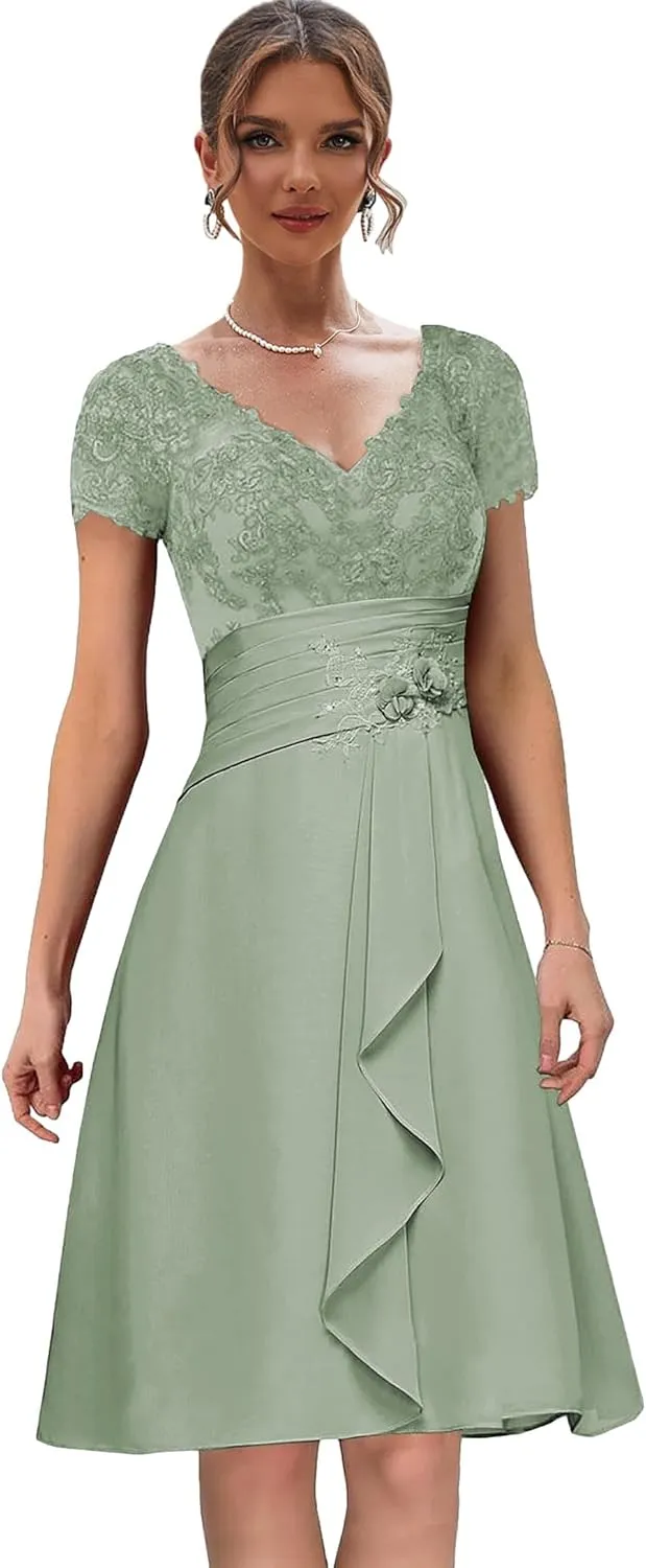 Women's Lace Mother of The Bride Dresses for Wedding V Neck Short Formal Party Dress with Sleeves
