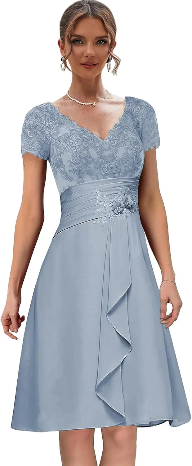 Women's Lace Mother of The Bride Dresses for Wedding V Neck Short Formal Party Dress with Sleeves