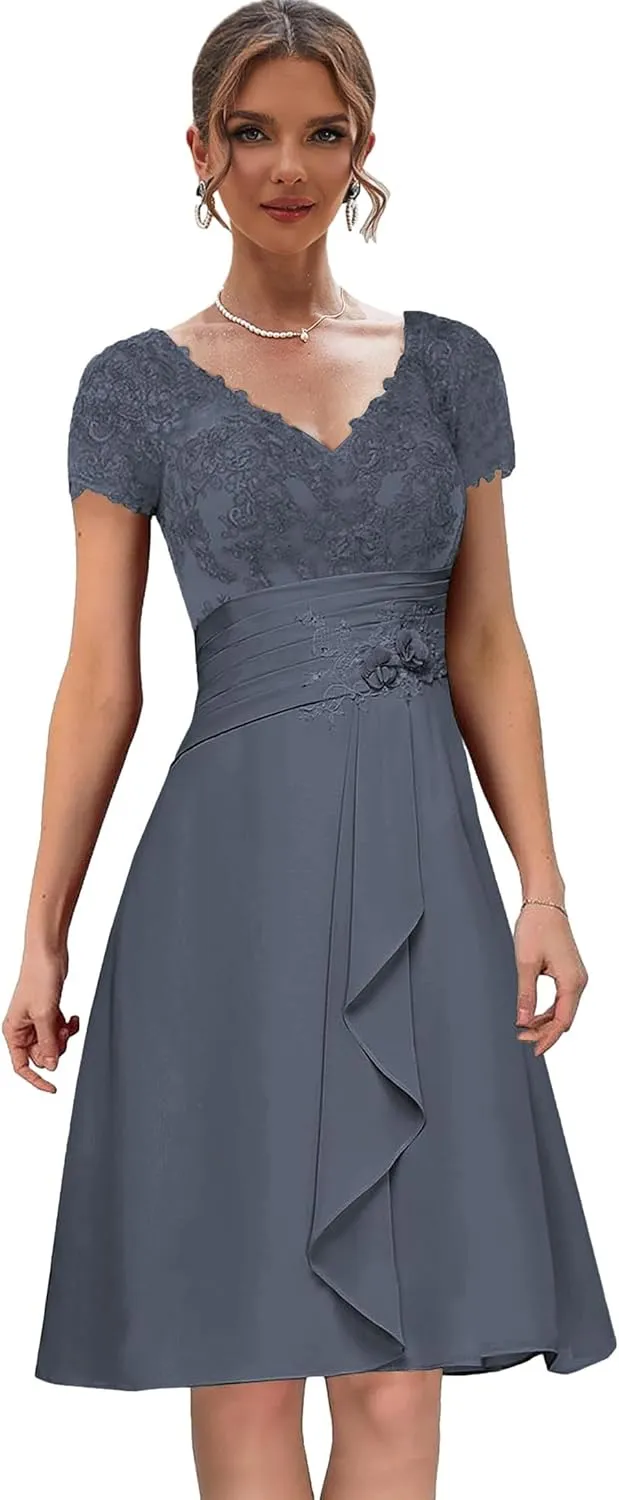 Women's Lace Mother of The Bride Dresses for Wedding V Neck Short Formal Party Dress with Sleeves
