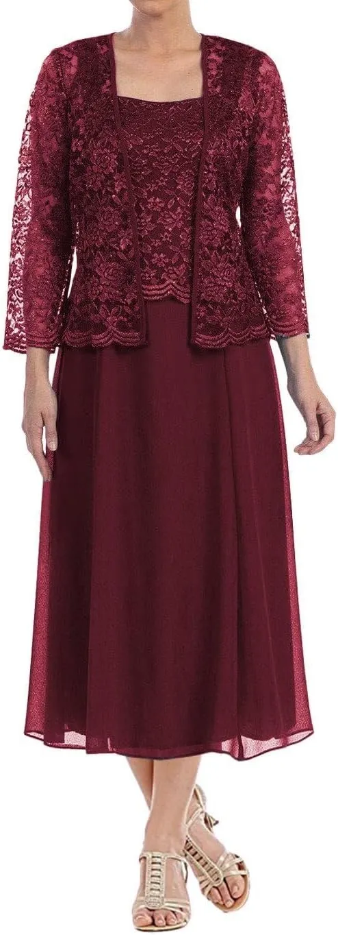 Women's Lace Mother of The Bride Dresses with Jacket Long Sleeve Chiffon Tea Length Formal Dresses Evening Gowns MK13