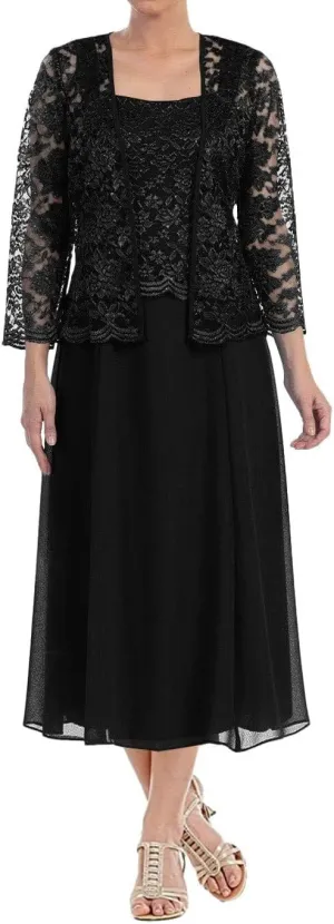 Women's Lace Mother of The Bride Dresses with Jacket Long Sleeve Chiffon Tea Length Formal Dresses Evening Gowns MK13