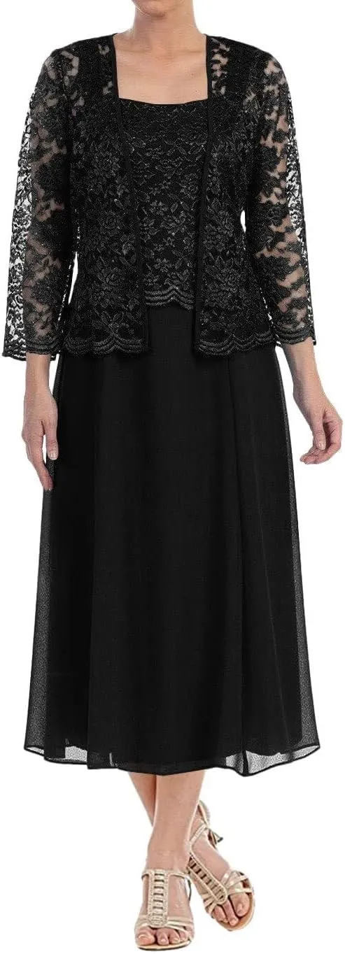Women's Lace Mother of The Bride Dresses with Jacket Long Sleeve Chiffon Tea Length Formal Dresses Evening Gowns MK13