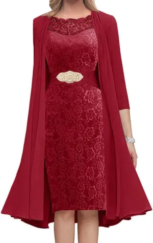 Women's Lace Mother of The Bride Dresses with Jacket Short Mother of The Groom Dress for Wedding MK35