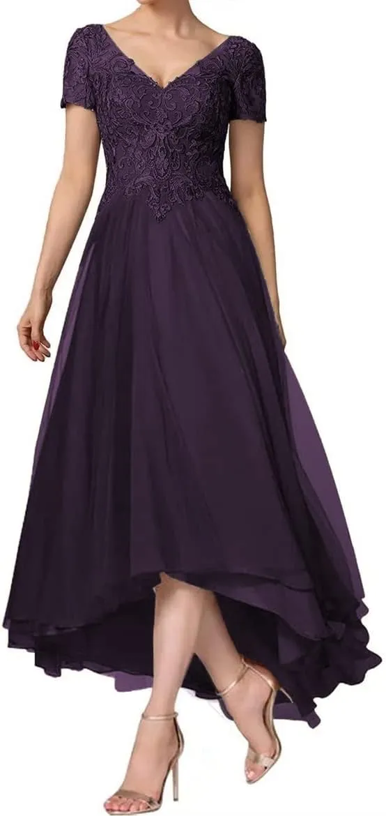 Women's Laces Appliques Mother of The Bride Dresses for Wedding Tea Length Cap Sleeves Mother of The Groom Dresses