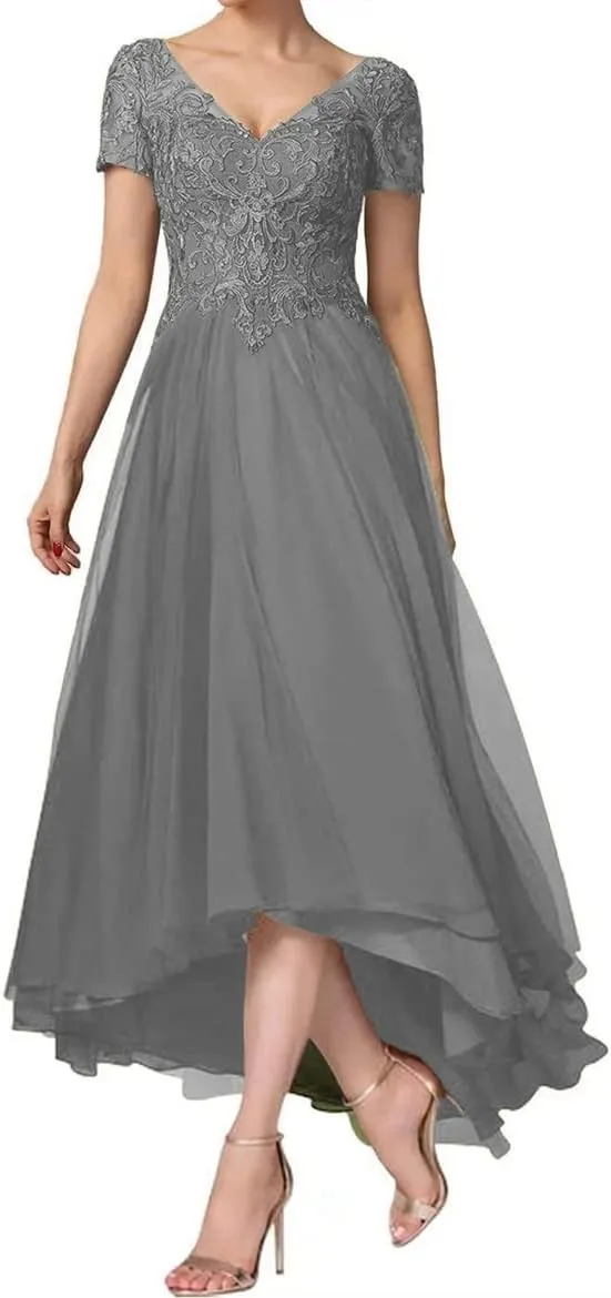 Women's Laces Appliques Mother of The Bride Dresses for Wedding Tea Length Cap Sleeves Mother of The Groom Dresses
