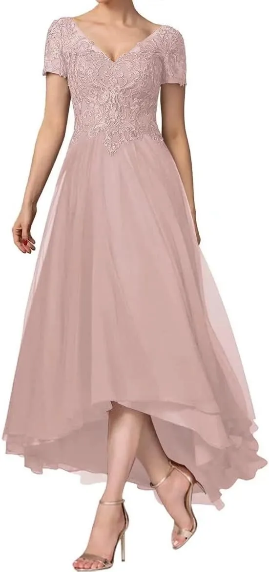 Women's Laces Appliques Mother of The Bride Dresses for Wedding Tea Length Cap Sleeves Mother of The Groom Dresses
