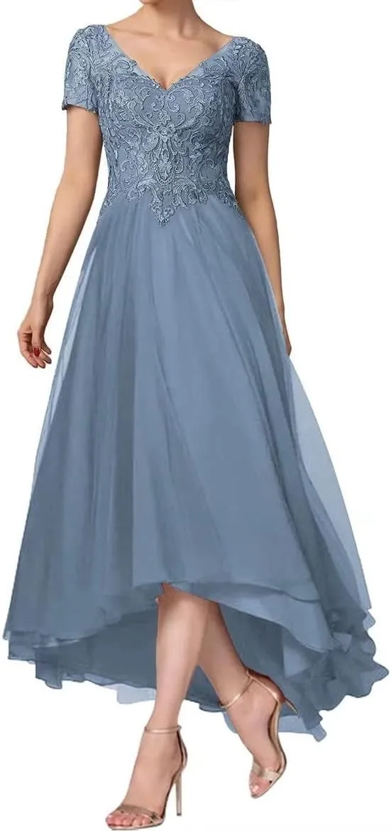 Women's Laces Appliques Mother of The Bride Dresses for Wedding Tea Length Cap Sleeves Mother of The Groom Dresses