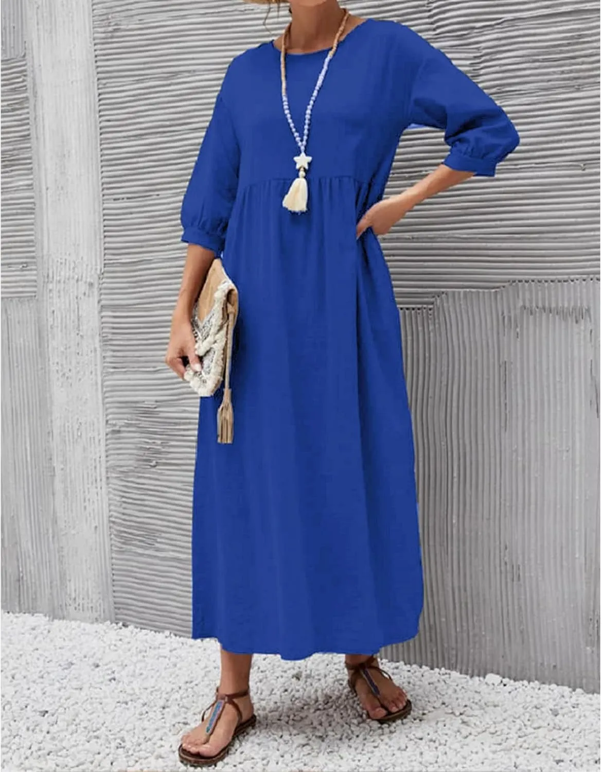 Womens Linen Dresses 3/4 Sleeves Maxi Casual Dress Crew Neck Solid Loose A-line Beach Vacation Dresses with Pockets