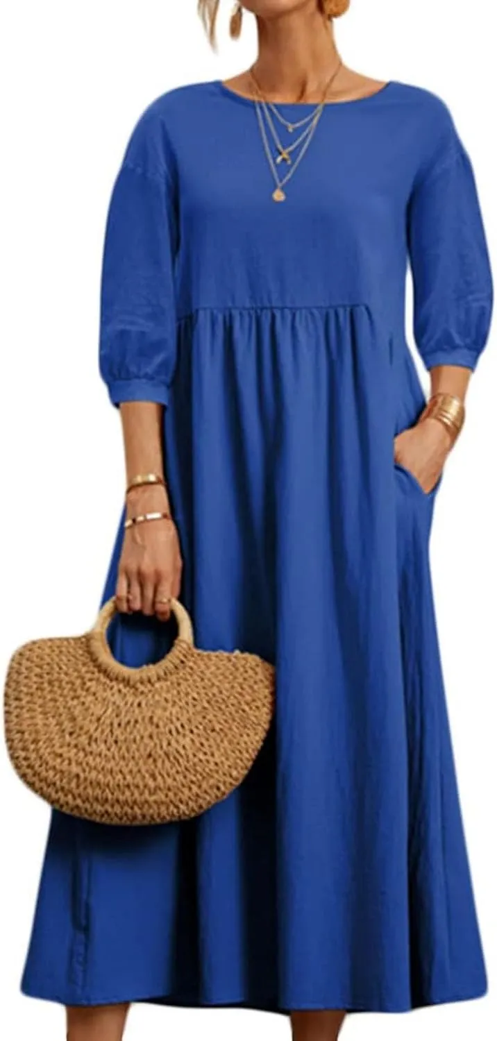 Womens Linen Dresses 3/4 Sleeves Maxi Casual Dress Crew Neck Solid Loose A-line Beach Vacation Dresses with Pockets