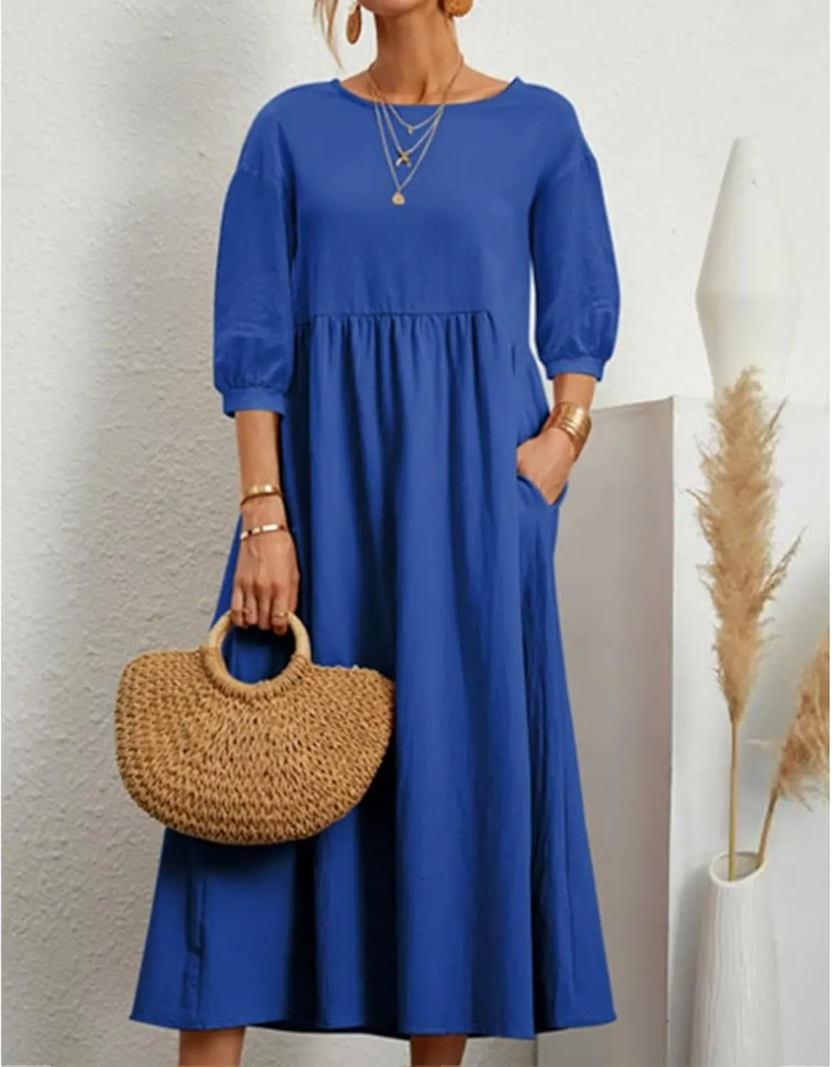 Womens Linen Dresses 3/4 Sleeves Maxi Casual Dress Crew Neck Solid Loose A-line Beach Vacation Dresses with Pockets