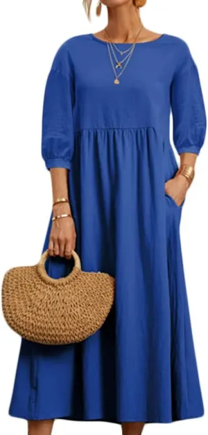 Womens Linen Dresses 3/4 Sleeves Maxi Casual Dress Crew Neck Solid Loose A-line Beach Vacation Dresses with Pockets