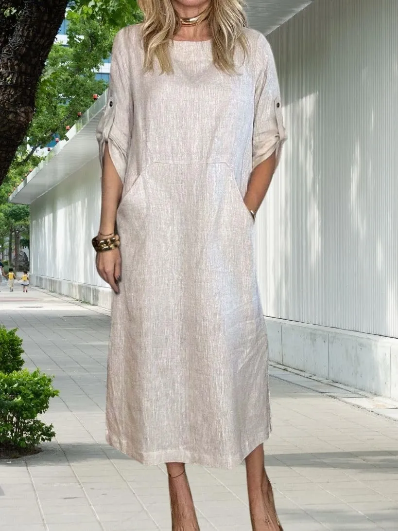 Womens Linen Midi Dresses Casual Short Sleeve Crew Neck Cotton Summer Dress Beach Sundresses with Pocket S-3XL